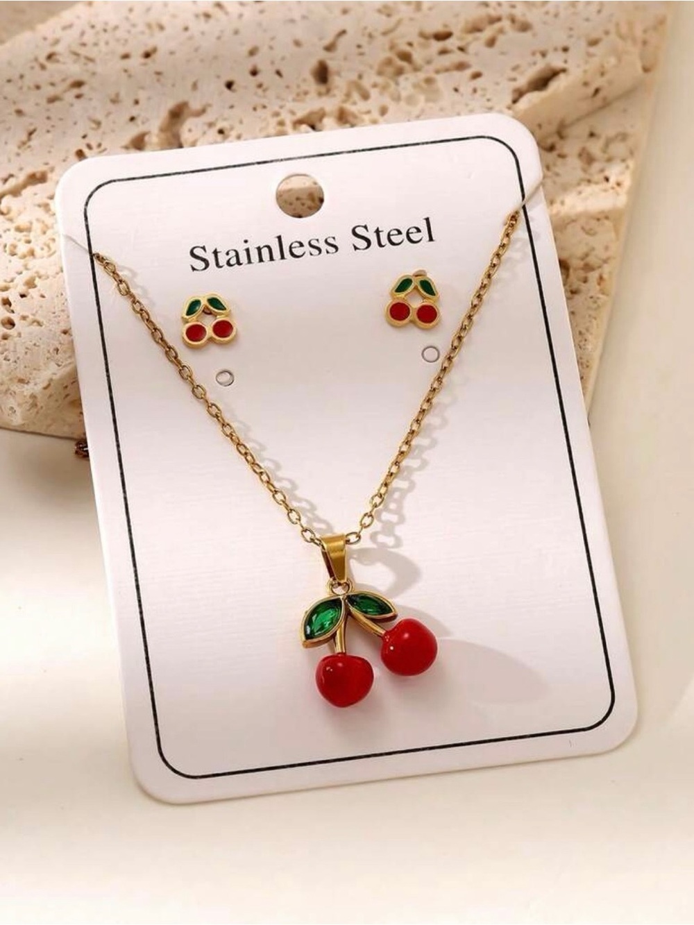 Gold Cherry Pendant Necklace and Stud Earrings Set - Red